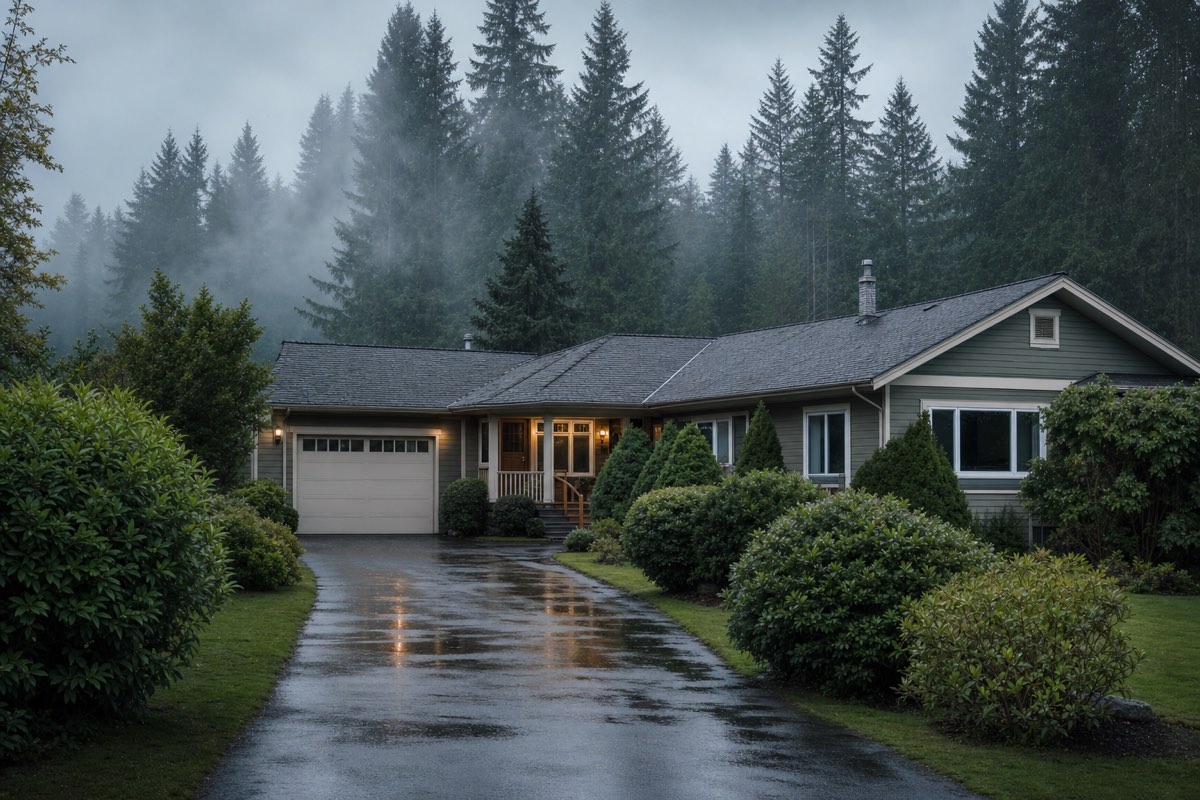 Fraser Valley home exterior in the rainy season with mist drifting through the evergreens behind it
