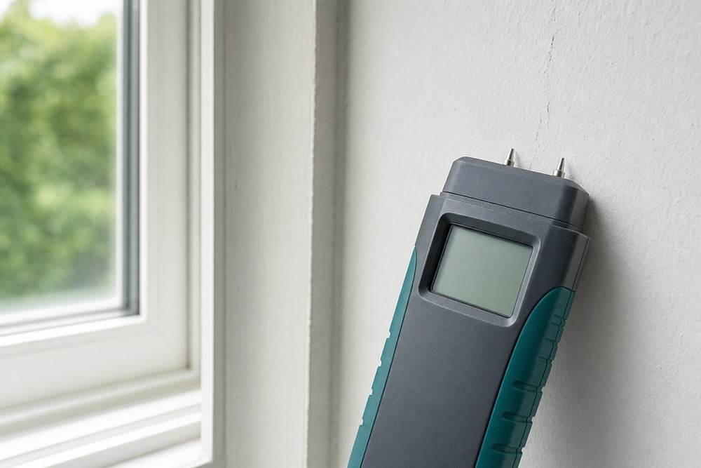 Moisture meter with pin probes testing a drywall wall during a mold inspection
